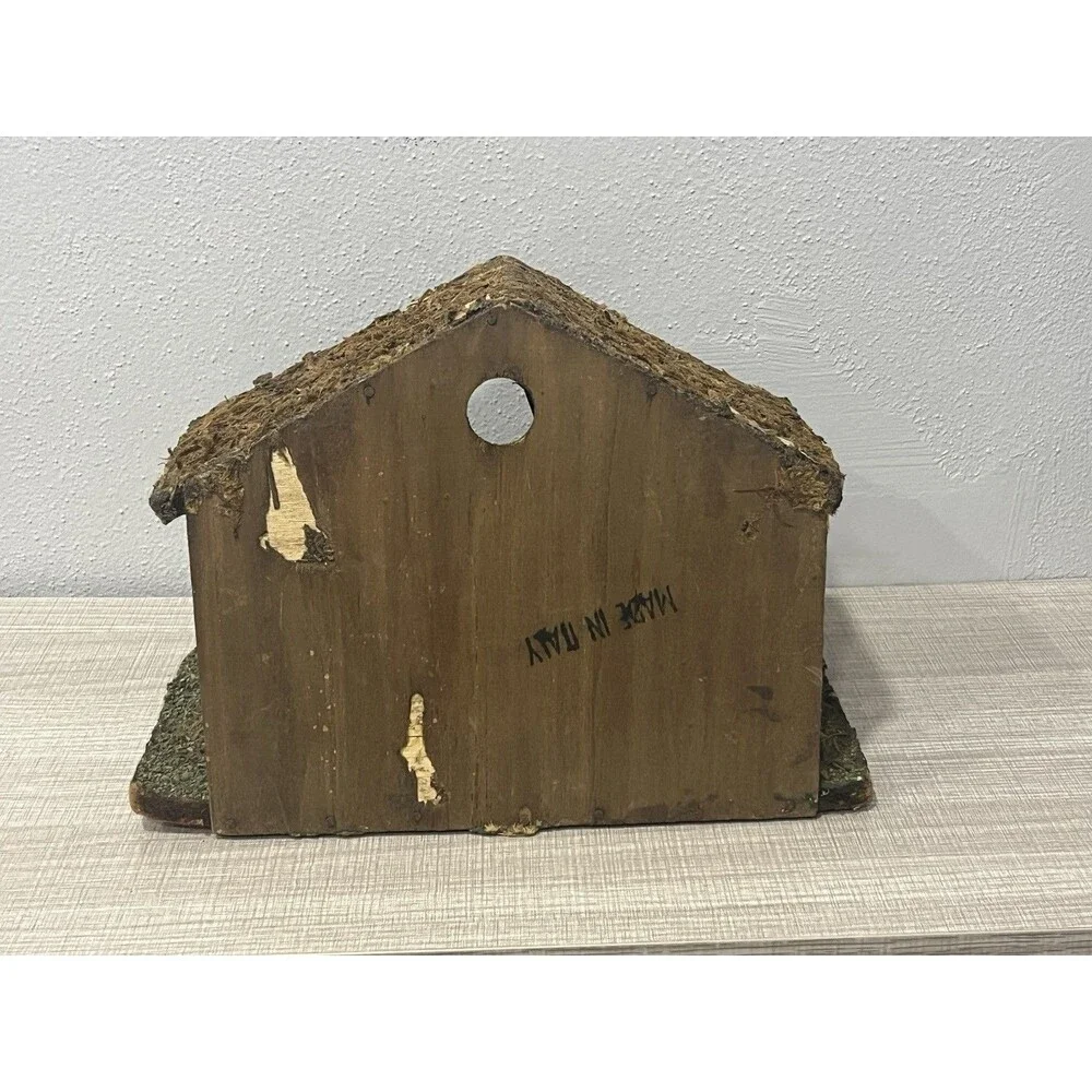 Vintage Nativity Set Wooden Manger Creche Stable Moss Roof Made in Italy